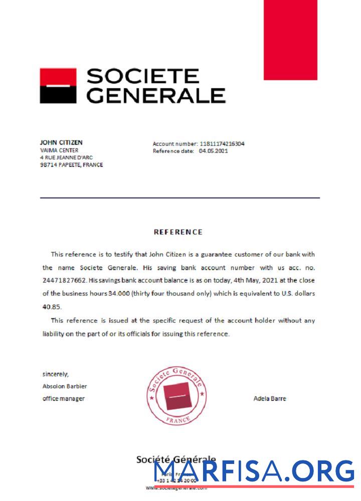 Blank France Société Générale reference download for verification